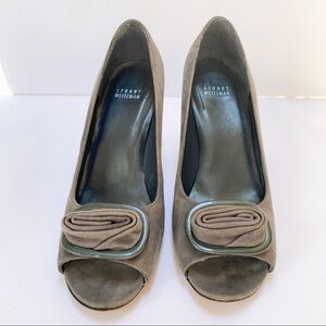 Rare Stuart Weitzman Heels Gray Suede Peep Toe Suede Buckle Pumps Heels Sz 9